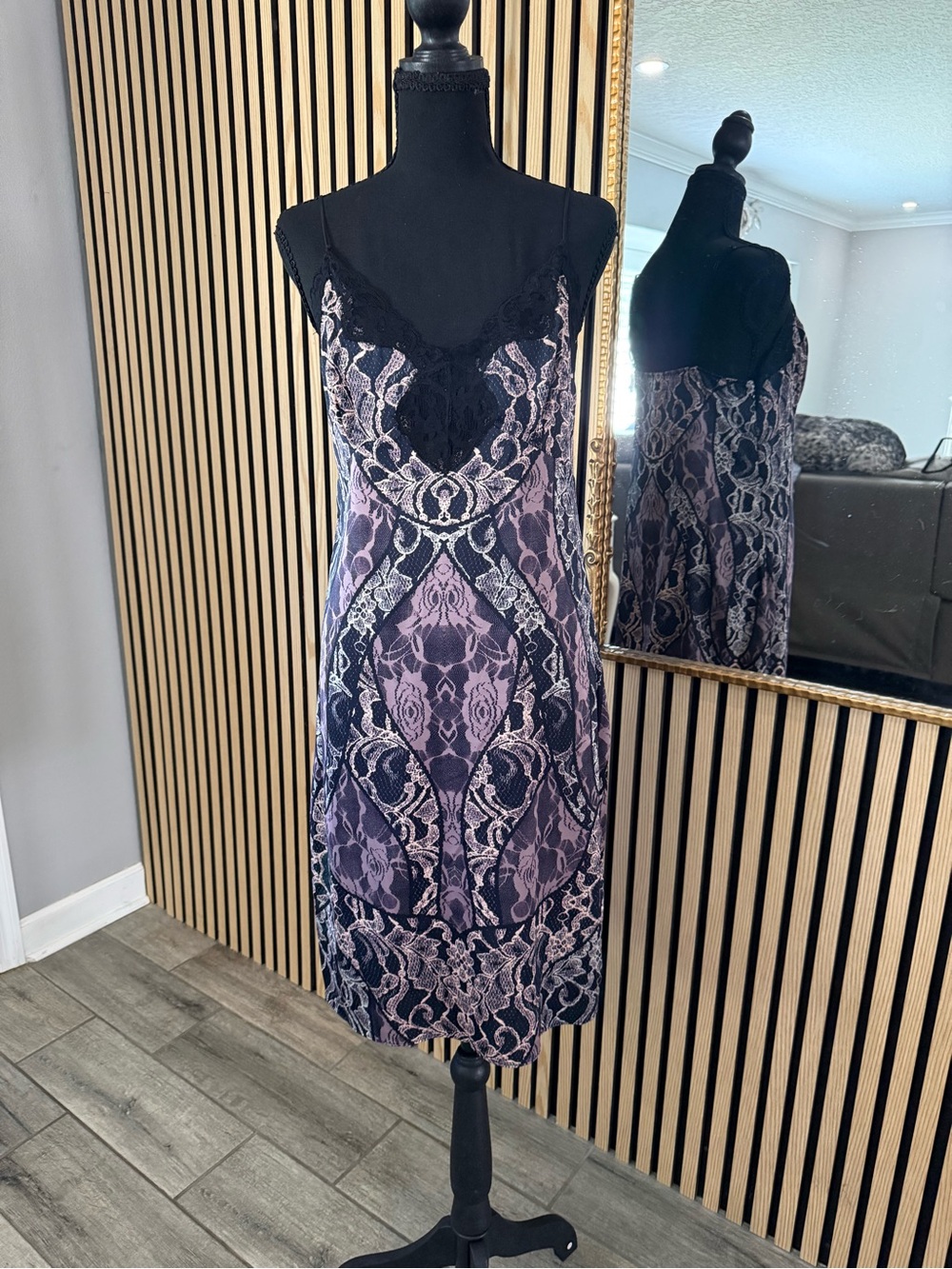 Guess Lace-Overlay Midi Dress in Black and Lavender